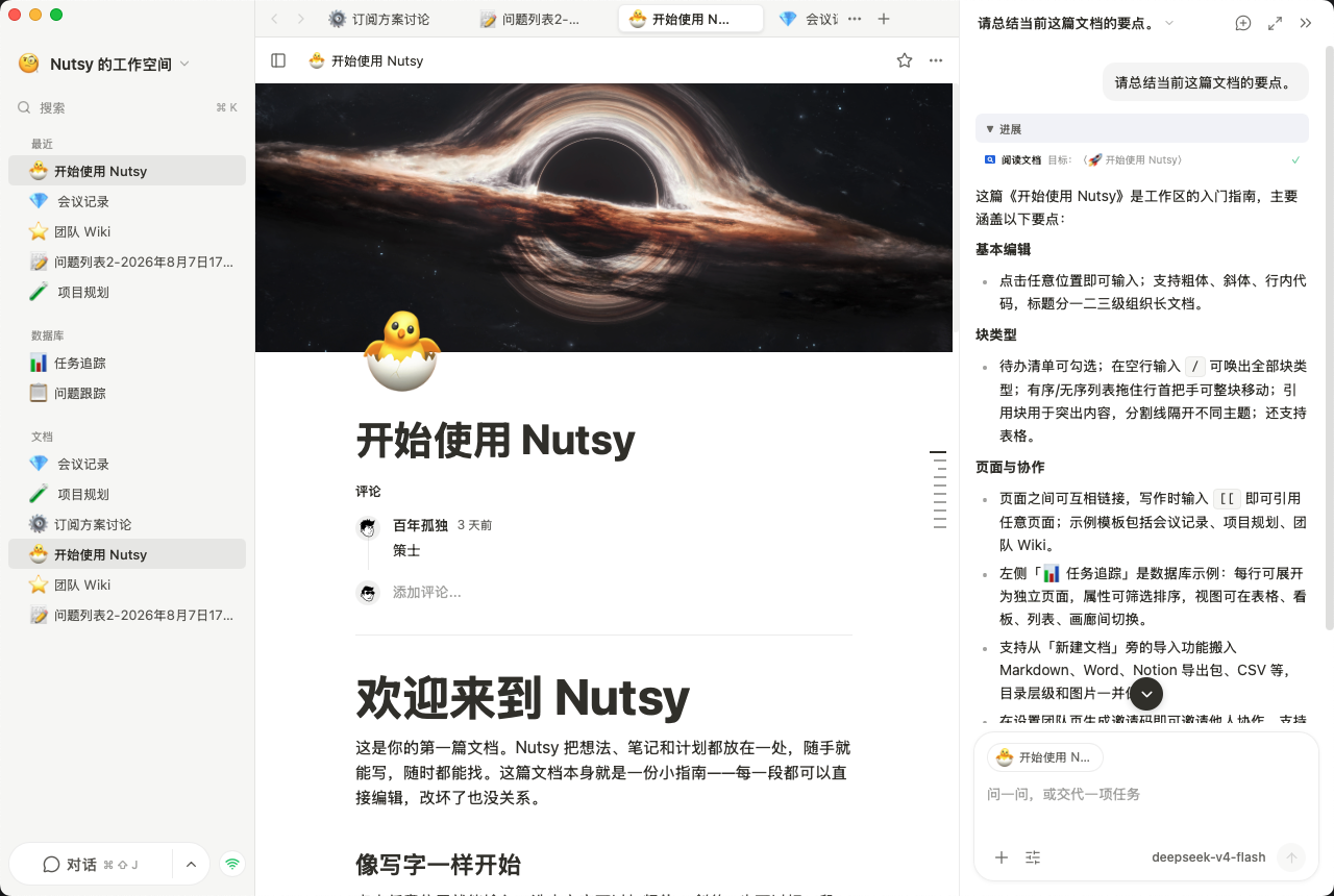 Nutsy 桌面端工作区，包含文档编辑、侧边栏和 AI 助手